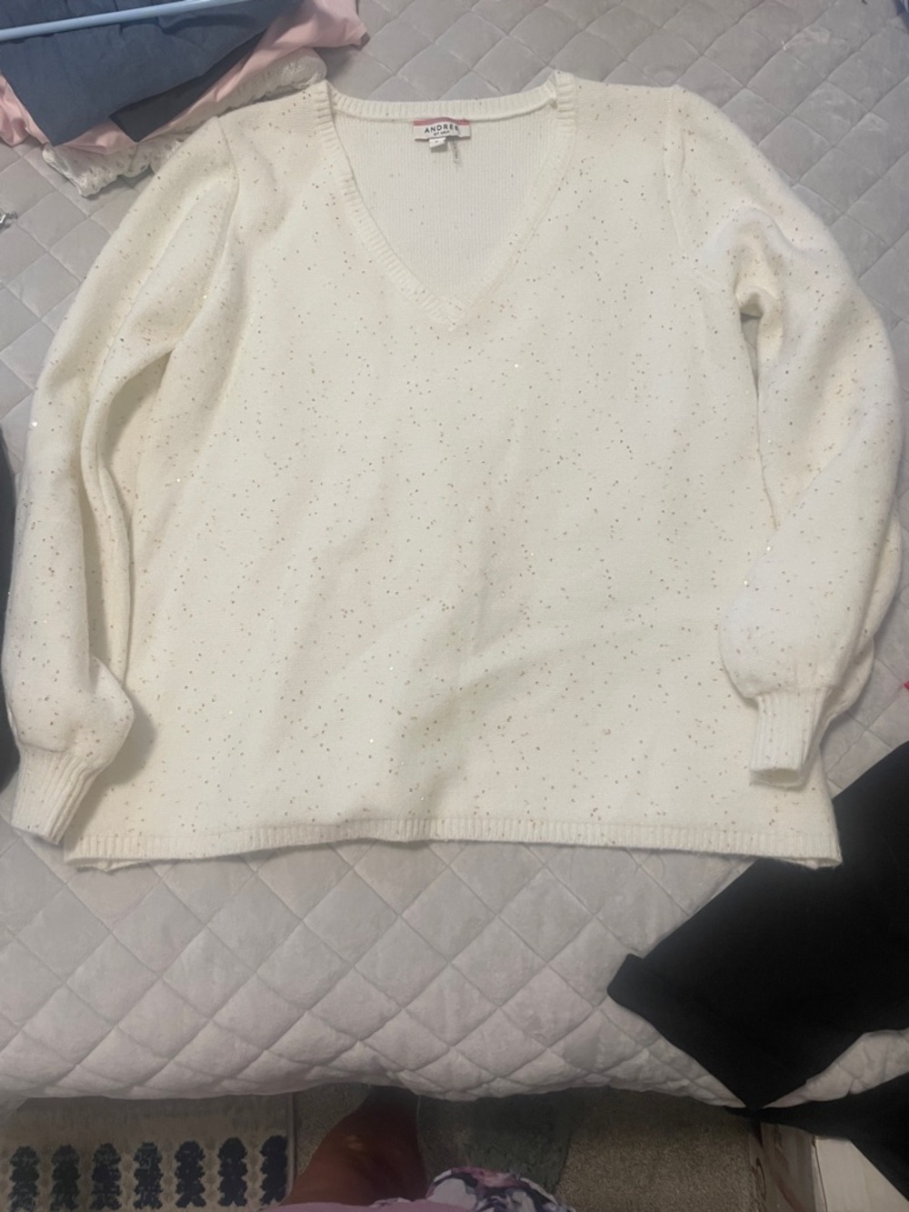 Andree Cream V-Neck Speckled Knit Sweater